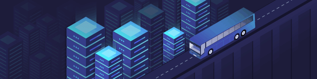 Illustration of a bus driving along a data highway.