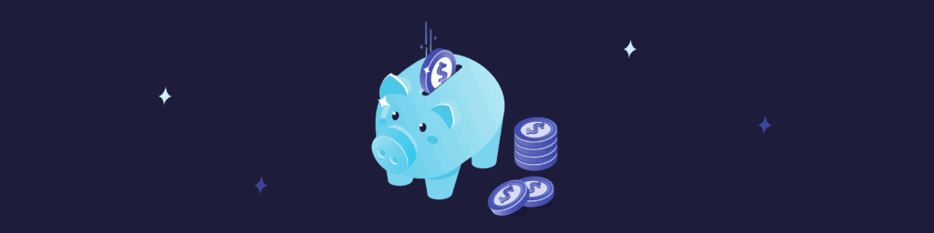 Illustration of large piggy bank and coins.