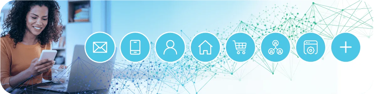 Abstract image of an identity graph featuring a woman using a laptop and mobile phone and data points representing customer profile identifiers