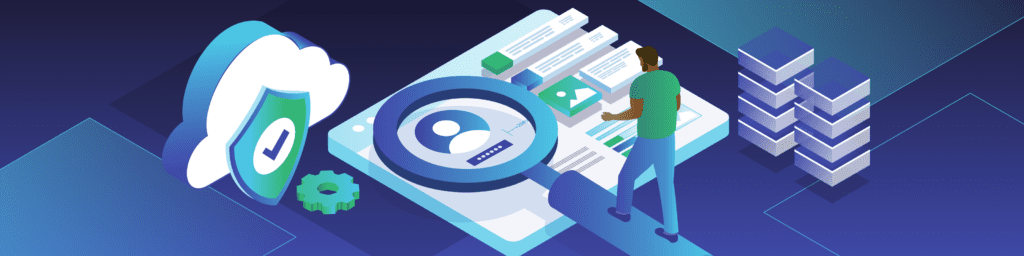 Illustration of a data stack, customer profile, security shield, and magnifying glass.