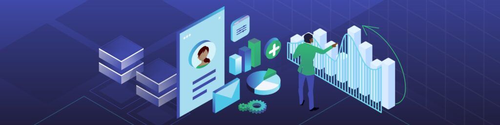 Illustration of a marketer reviewing customer data for strategy building.