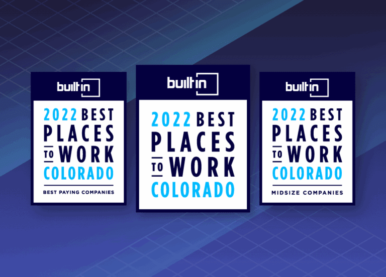 BuiltIn 2022 Best Places to Work Colorado award logos