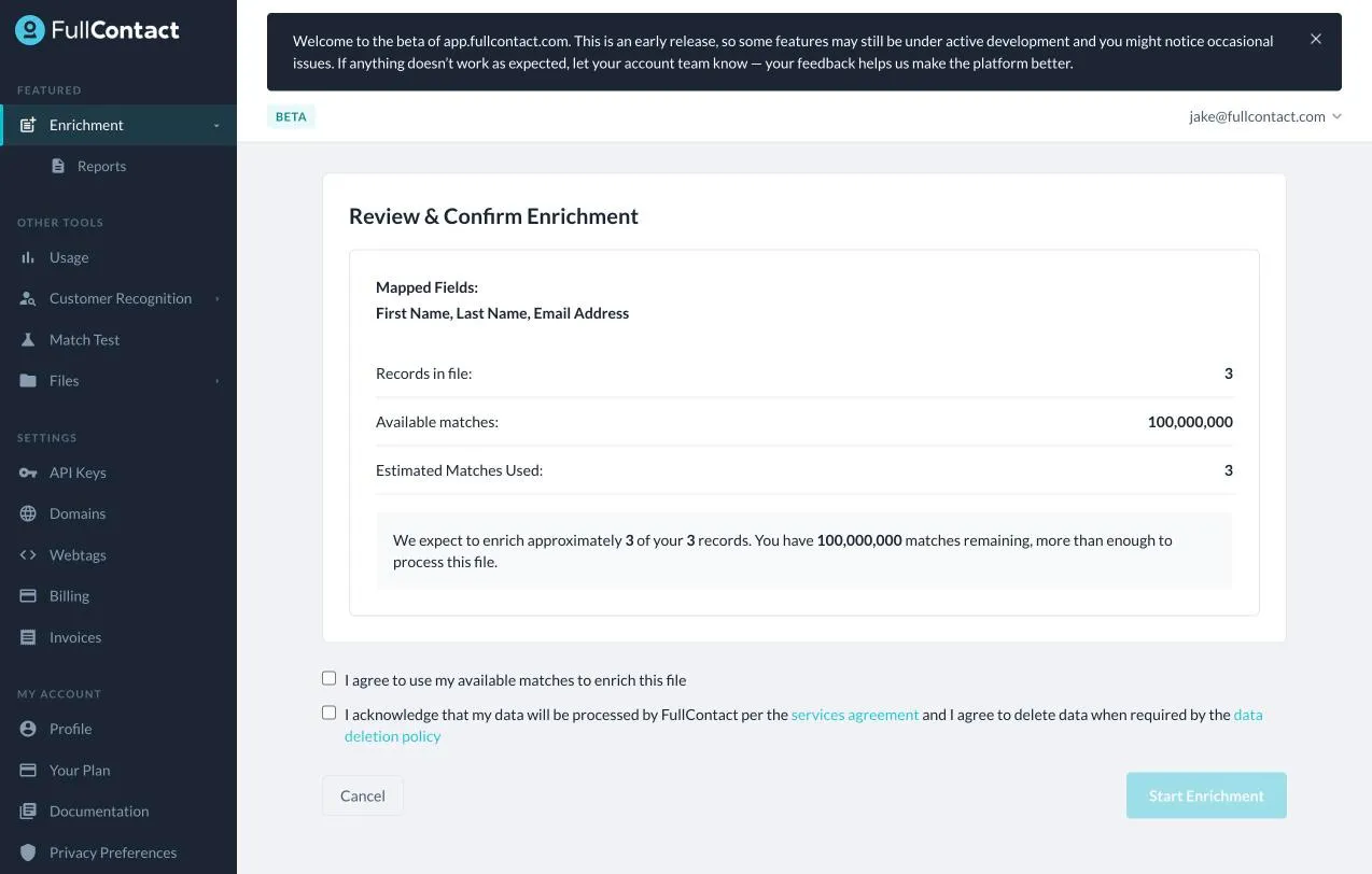 Enrichment > Review & Confirm Enrichment, screenshot.