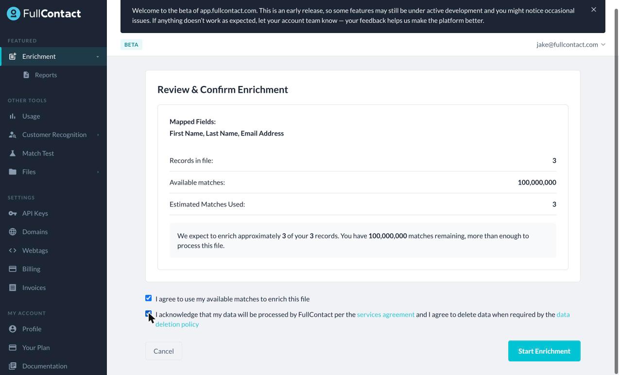 Enrichment > Acknowledge data processing, screenshot.
