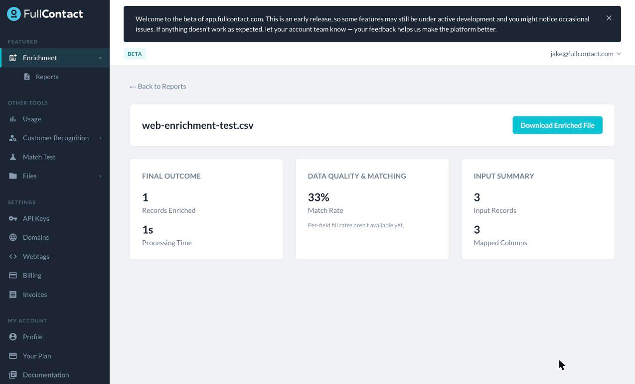 Enrichment > Job Report, screenshot.