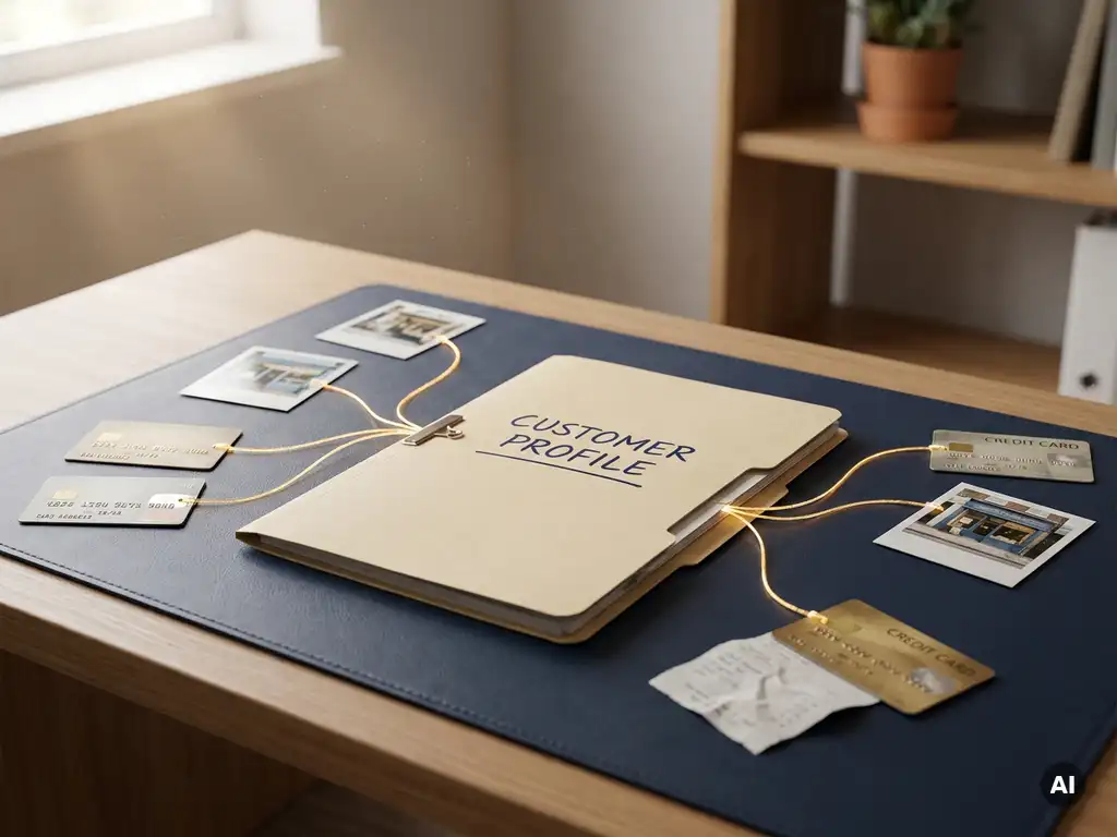 Open customer profile folder on a modern desk with device, location, and purchase cards linked by golden threads, navy and amber tones.