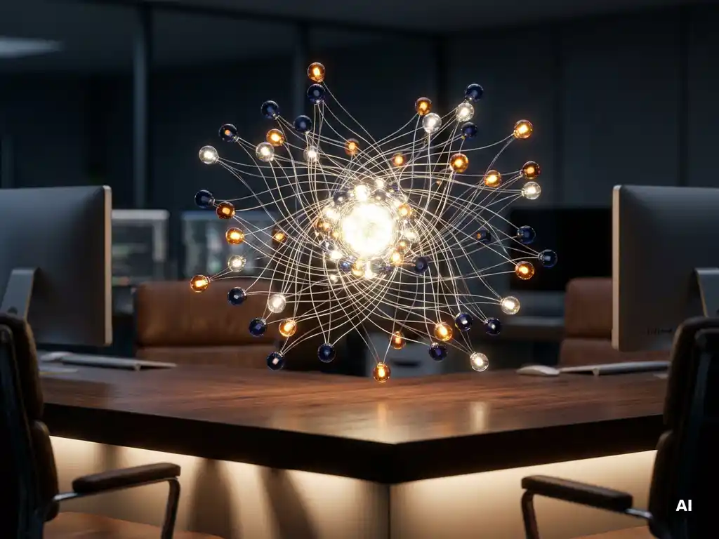 Glowing data nodes connected by silver threads converging into a single focal point above a dark desk, representing unified customer data profiles.