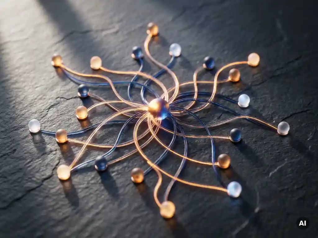 Glowing amber thread connecting constellation of blue nodes on dark slate, converging at a central radiant point.