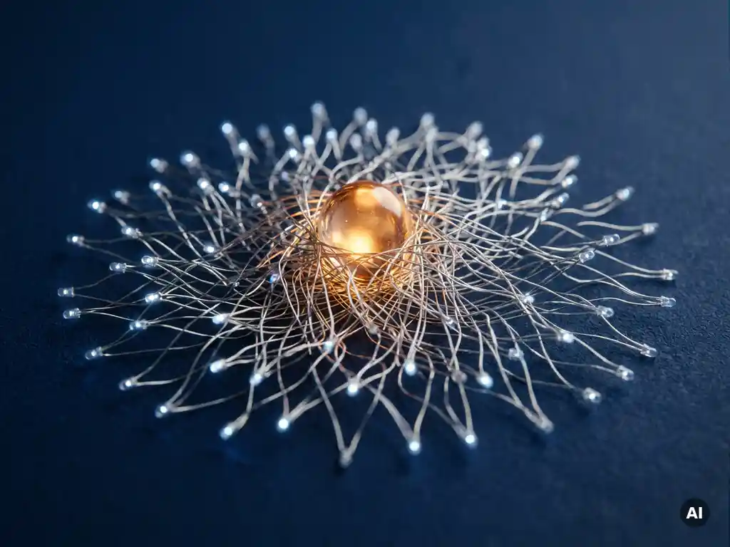 Glowing amber central node connected by silver threads to blue peripheral points in a dense network against deep navy background.