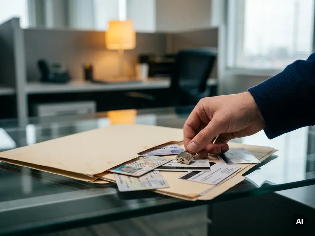 Manila folder spilling a driver's license, loyalty card, and business card on a glass desk, with a hand placing a privacy lock charm over the documents.