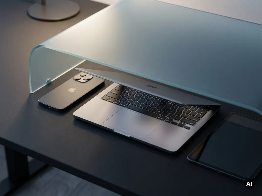 Smartphone, laptop, and tablet grouped on a dark matte desk beneath a frosted glass panel in cool slate blue and warm white studio lighting.