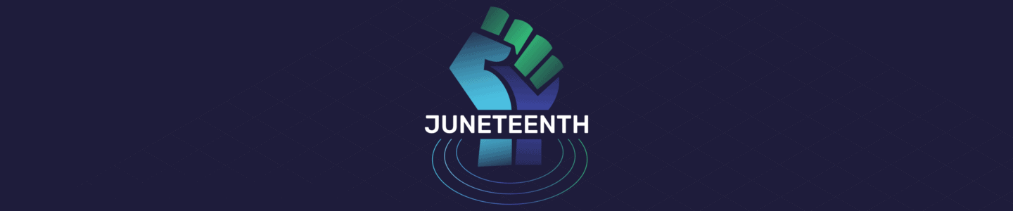 Juneteenth Blog Header Image: A clench fist raised in pride with "Juneteenth" across the wrist