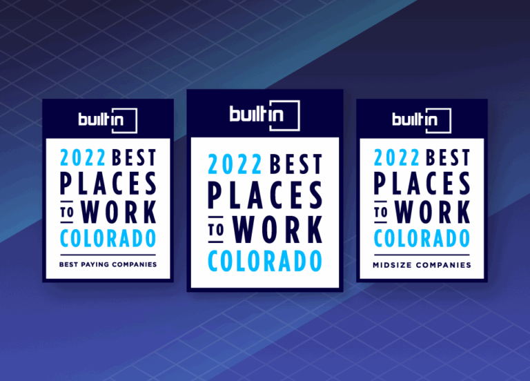 BuiltIn 2022 Best Places to Work Colorado award logos