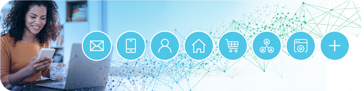 Abstract image of an identity graph featuring a woman using a laptop and mobile phone and data points representing customer profile identifiers