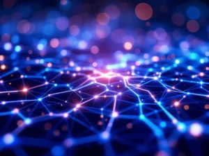 Digital network nodes connected by glowing blue and purple data streams in a translucent grid with geometric patterns.