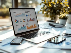 Laptop displaying colorful analytics graphs and charts on screen with printed reports and smartphone on white desk
