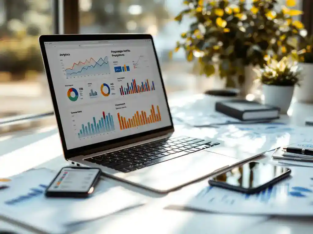 Laptop displaying colorful analytics graphs and charts on screen with printed reports and smartphone on white desk