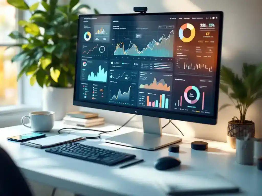 Computer monitor displaying colorful analytics dashboards with wireless tracking sensors, smartphone, and coffee on white desk