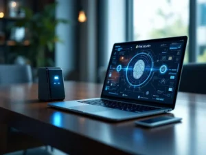 Modern laptop displaying digital security interface with fingerprint scanner on mahogany desk beside biometric card reader