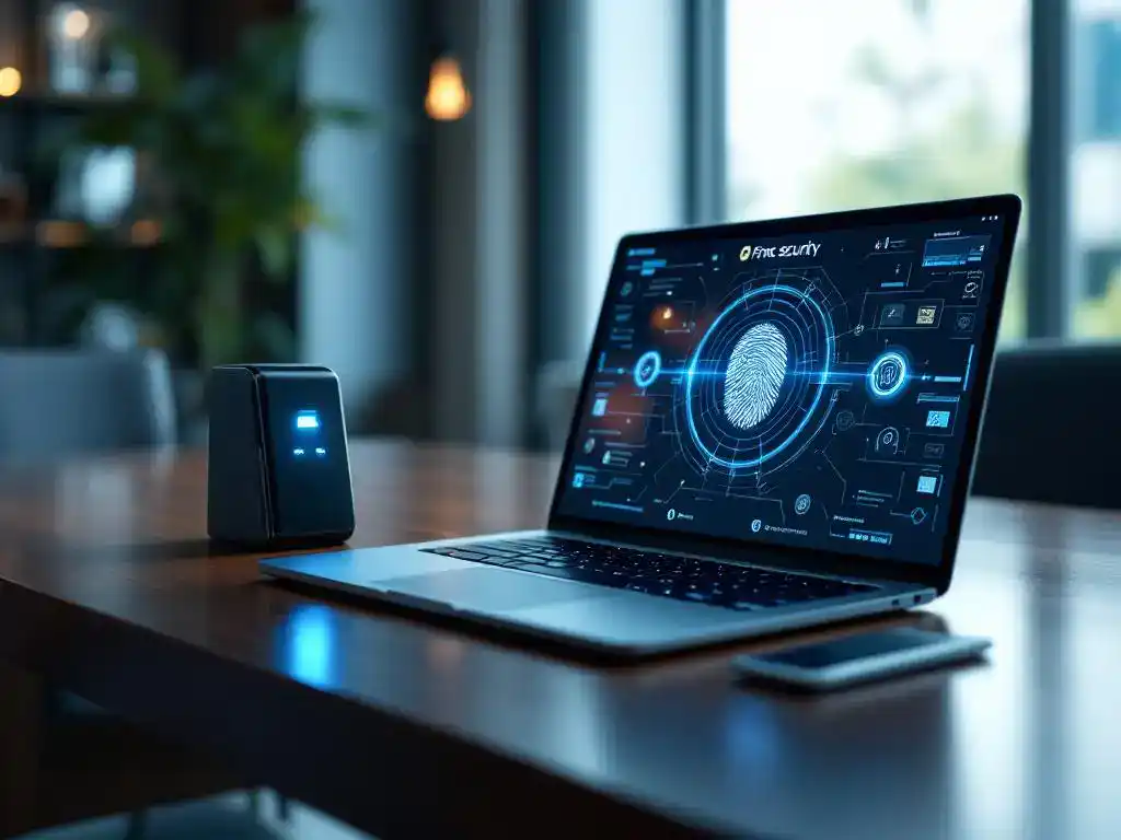 Modern laptop displaying digital security interface with fingerprint scanner on mahogany desk beside biometric card reader