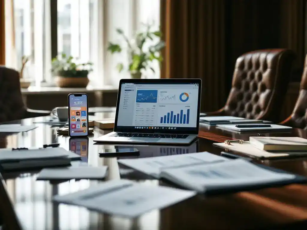 Mahogany boardroom table with laptop showing analytics dashboard, business documents, and smartphone displaying shopping app in executive office