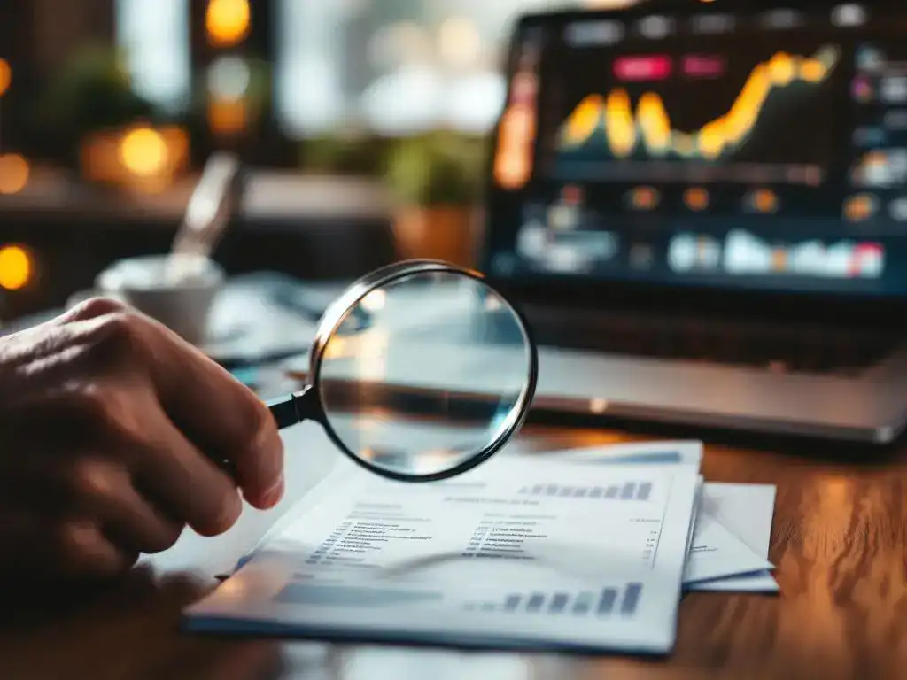Professional examining business cards with magnifying glass on wooden desk, laptop showing analytics in background