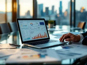 Businessman typing on laptop displaying analytics dashboard while reviewing customer data sheets at glass conference table in modern office