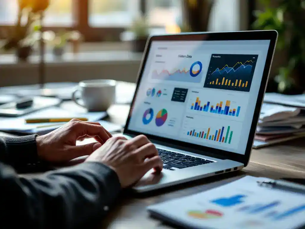 Businessman analyzing data dashboard on laptop screen with colorful charts and metrics on modern office desk