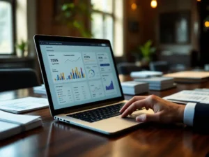 Modern laptop displaying customer data analytics dashboard on mahogany conference table with business cards and reports