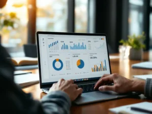 Professional analyzing customer data analytics on laptop screen while typing at conference table with business documents