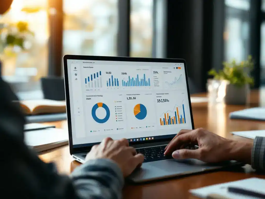 Professional analyzing customer data analytics on laptop screen while typing at conference table with business documents