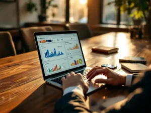 Businessman analyzing colorful business analytics charts on laptop at wooden conference table with scattered business cards