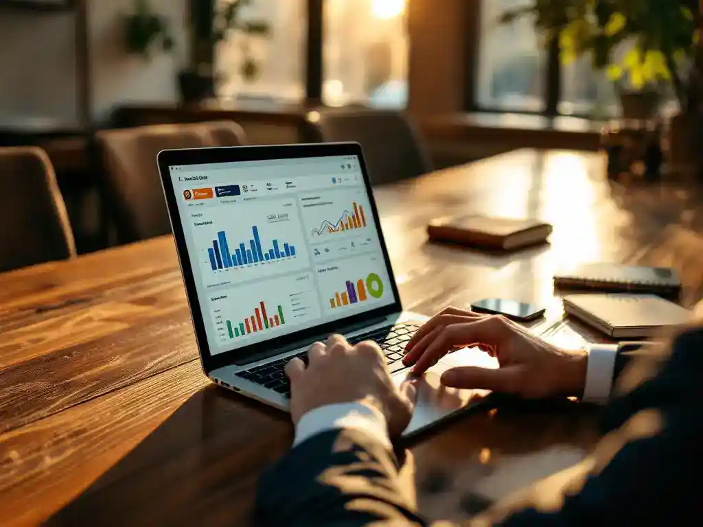 Businessman analyzing colorful business analytics charts on laptop at wooden conference table with scattered business cards