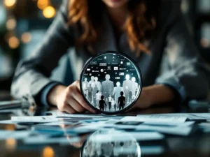 Professional businesswoman examining magnifying glass revealing customer data and company logos at modern office desk