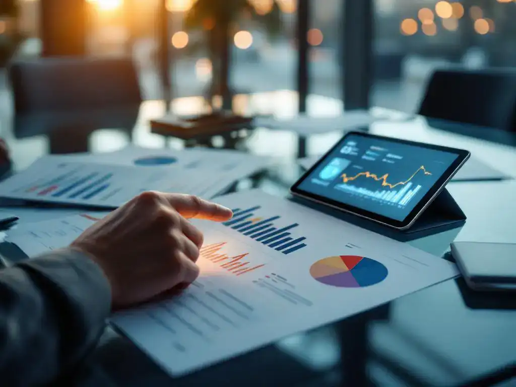 Professional pointing to prospect profile on data sheets while tablet displays analytics in modern office conference room
