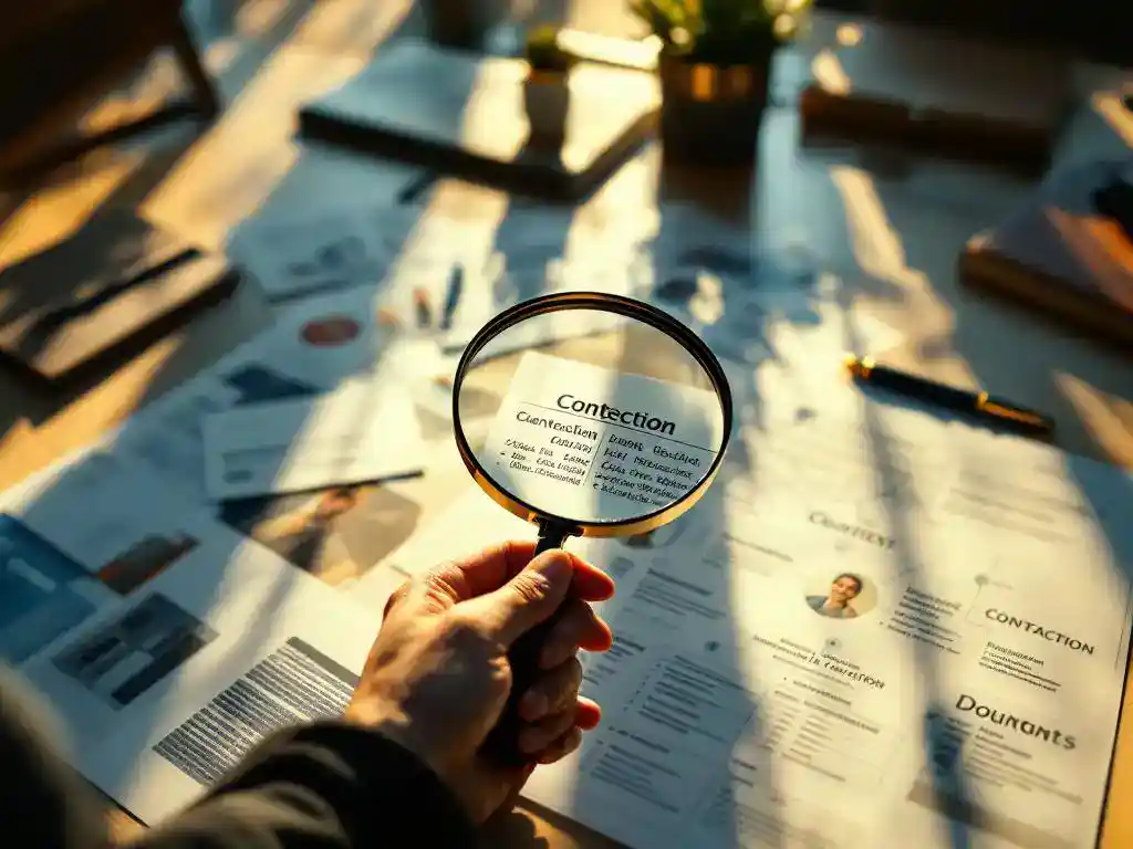 Magnifying glass examining business cards and client documents on modern office desk with golden sunlight streaming through windows
