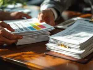 Professional hands organizing business documents into two stacks on mahogany desk with colorful tabs and qualification forms
