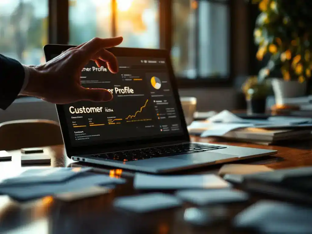 Business executive reaching toward laptop displaying customer data with paper leads transforming into digital contacts on desk