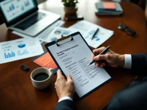 Business executive reviewing vendor evaluation checklist at conference table with laptop displaying analytics dashboards