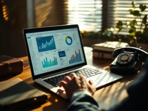 Businessman's hand reaching for laptop displaying colorful data analytics dashboards and vintage rotary phone on wooden desk