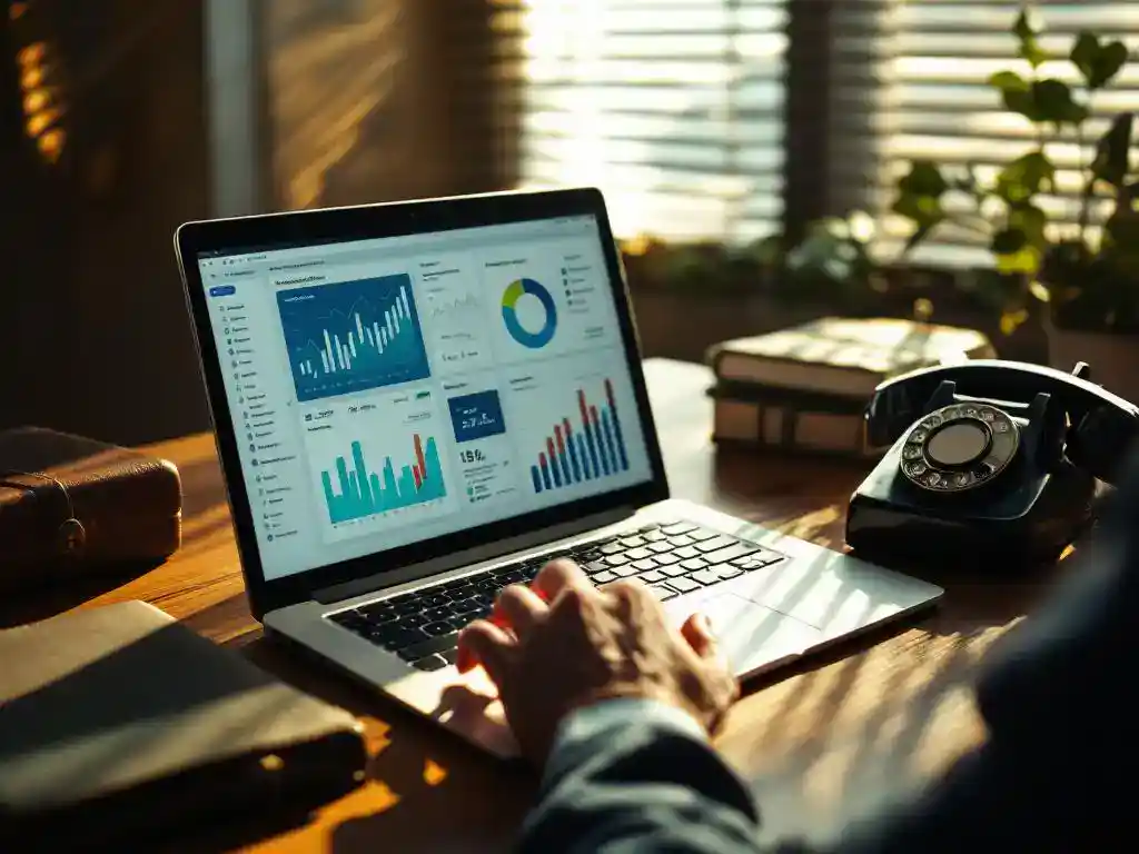 Businessman's hand reaching for laptop displaying colorful data analytics dashboards and vintage rotary phone on wooden desk