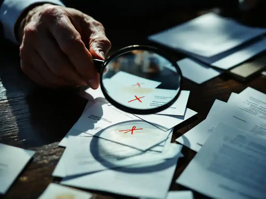 Businessman holding magnifying glass over business cards and lead sheets, some marked with red X's on wooden desk