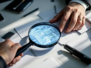 Professional hand holding magnifying glass examining business cards with digital data patterns on white desk