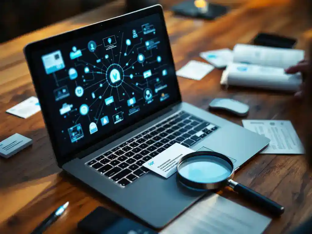 Modern laptop displaying network diagrams with business cards organizing into digital patterns on wooden desk