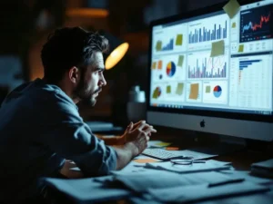Frustrated business professional analyzing complex data dashboard on computer with scattered reports and sticky notes on messy desk.