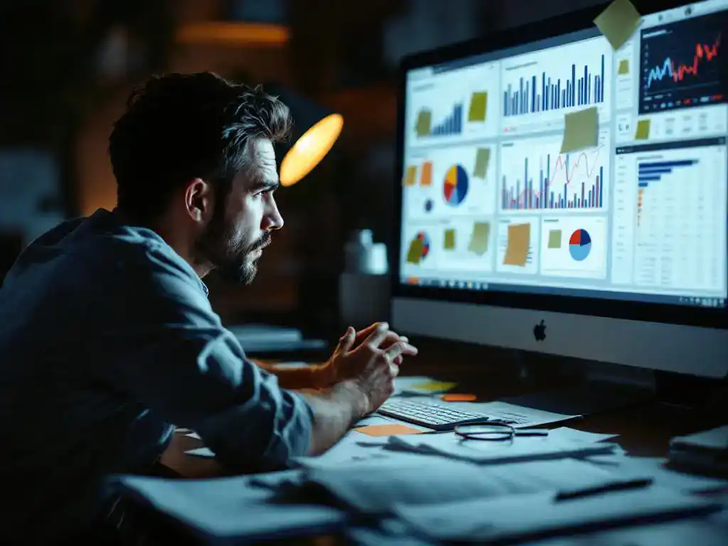 Frustrated business professional analyzing complex data dashboard on computer with scattered reports and sticky notes on messy desk.