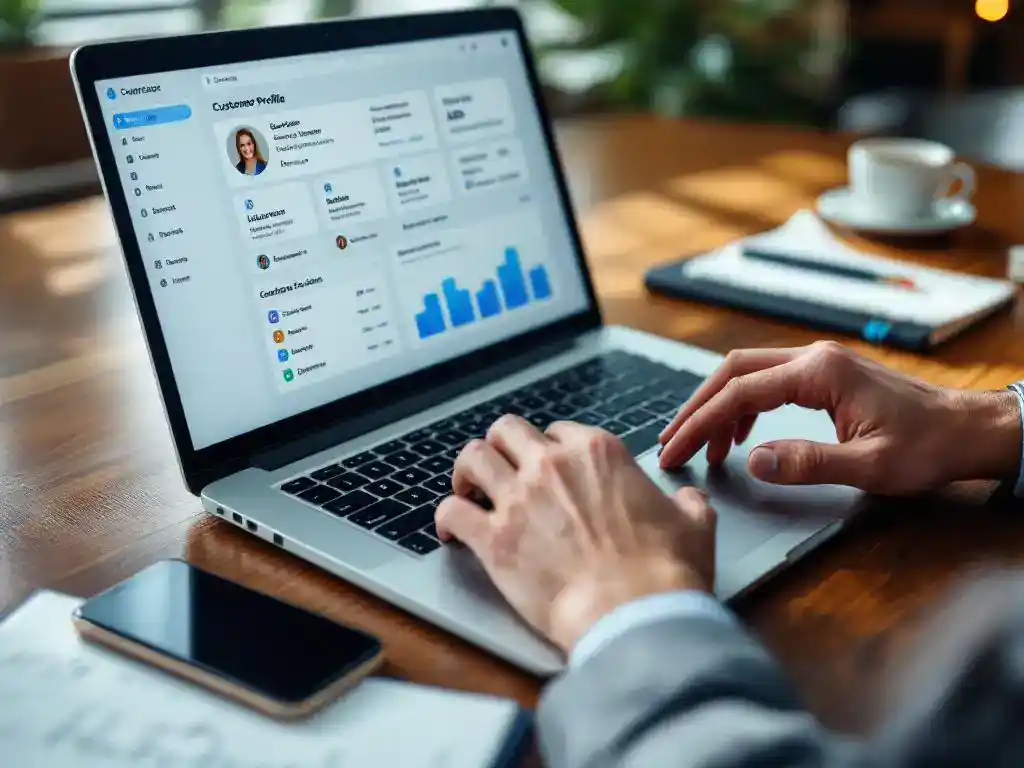 Business professional typing on laptop displaying customer dashboard with smartphone showing lead notifications on wooden desk