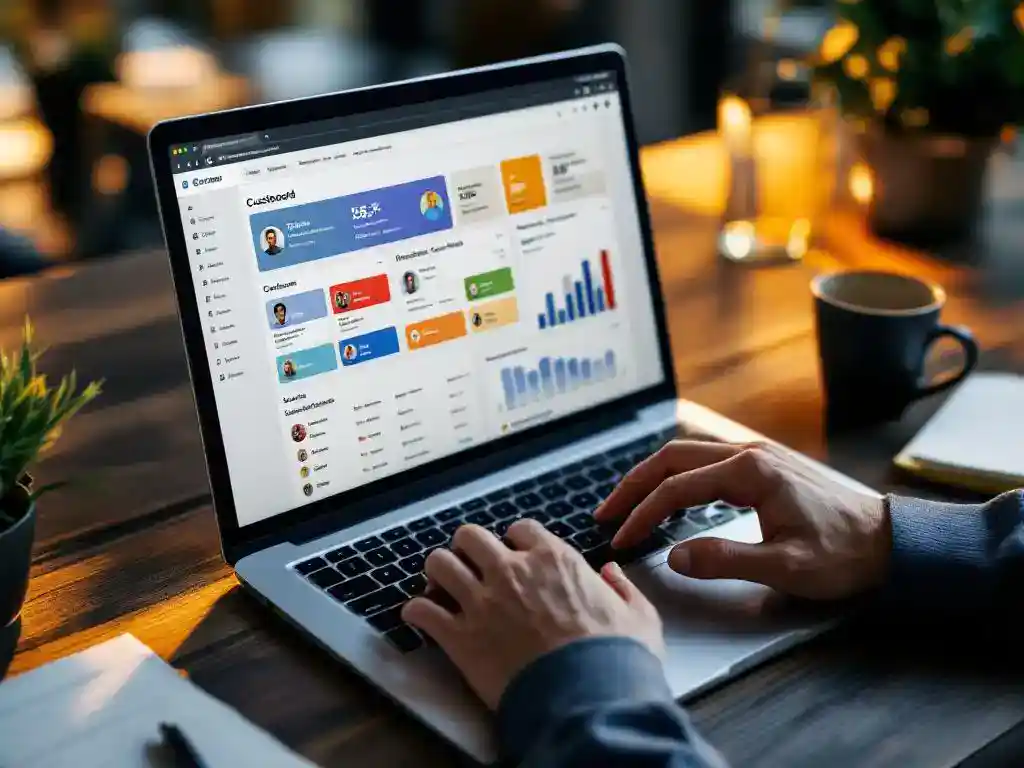 Business professional typing on laptop displaying dynamic customer dashboard with colorful profiles and real-time data