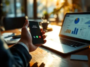 Business professional reaching for smartphone with incoming call on mahogany desk beside laptop and coffee cup in sunlit office.