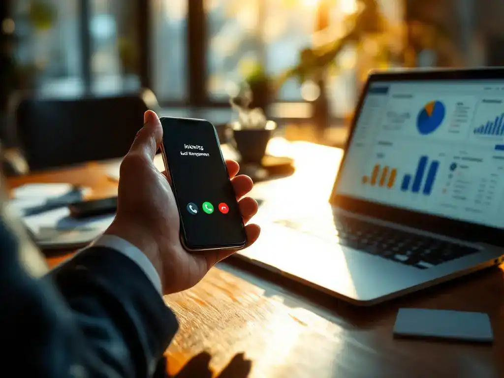 Business professional reaching for smartphone with incoming call on mahogany desk beside laptop and coffee cup in sunlit office.